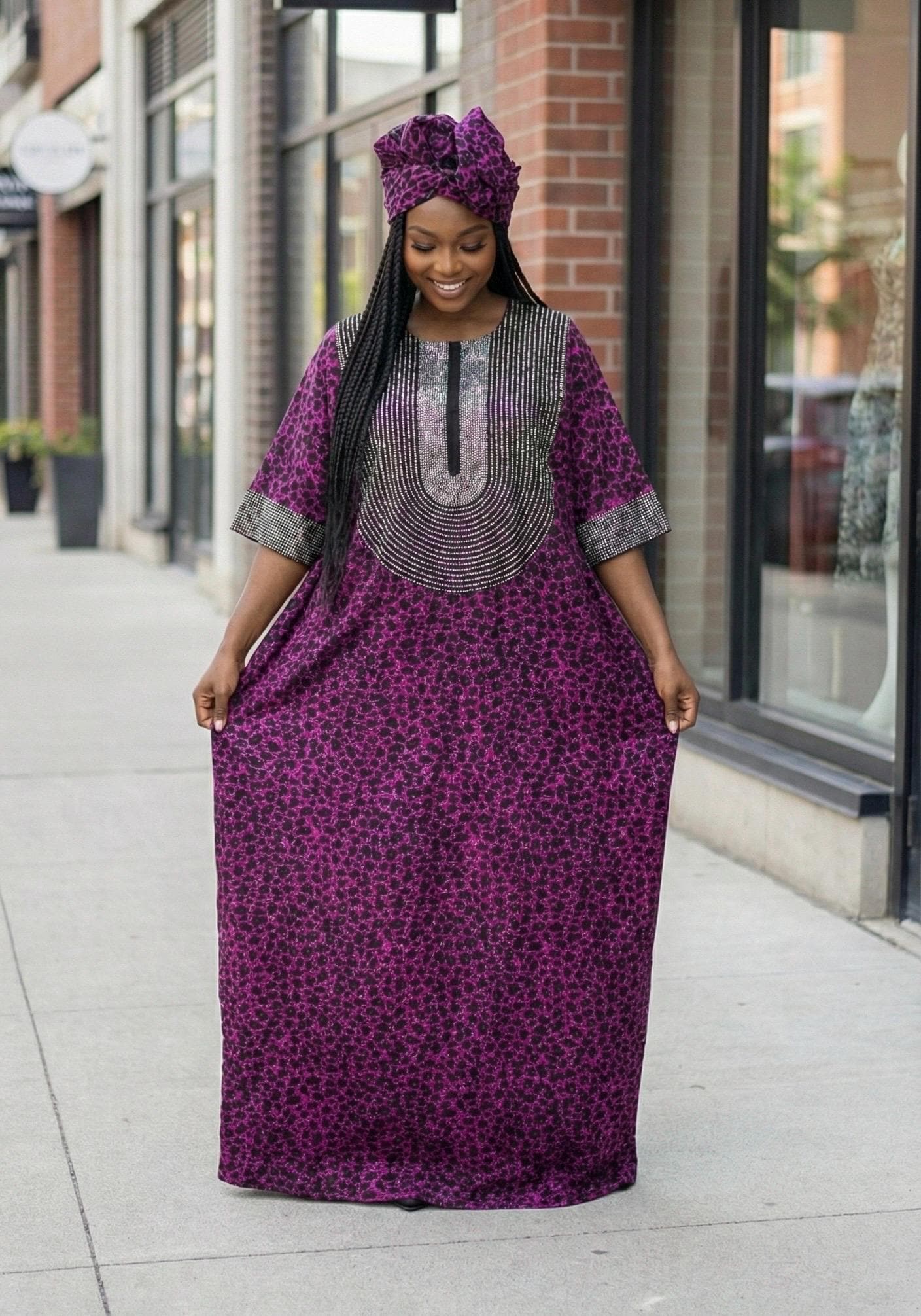 Purple Ankara Maxi Dress with Matching Head Wrap