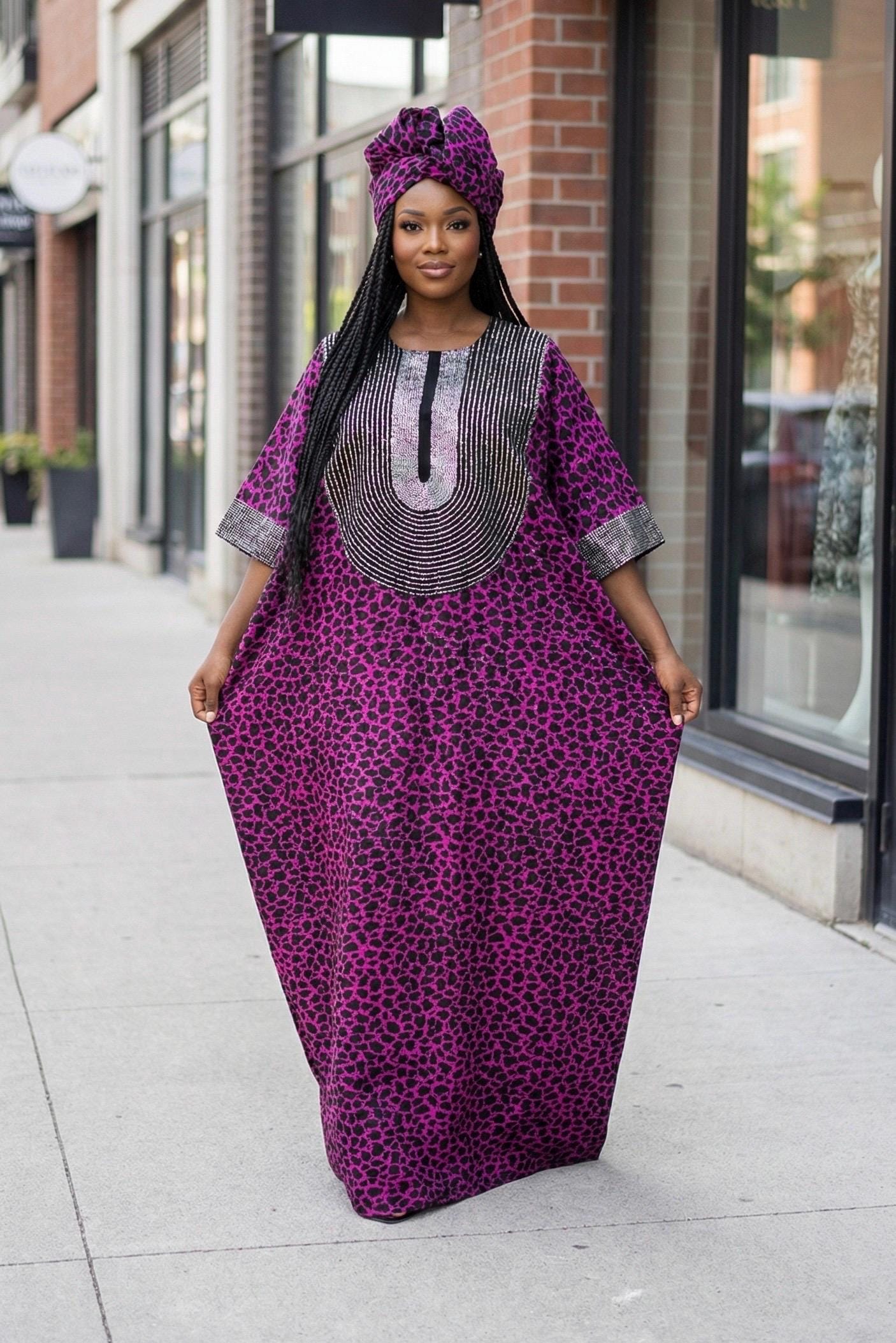 Purple Ankara Maxi Dress with Matching Head Wrap