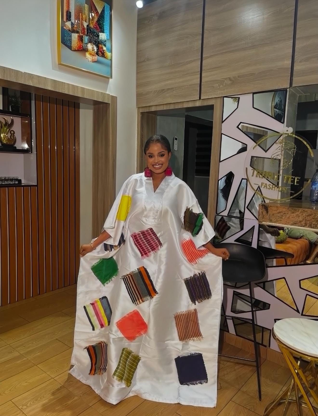 African Luxury Mikado Boubou with Aso-Oke Patchwork – One Size Fits All| White Dress
