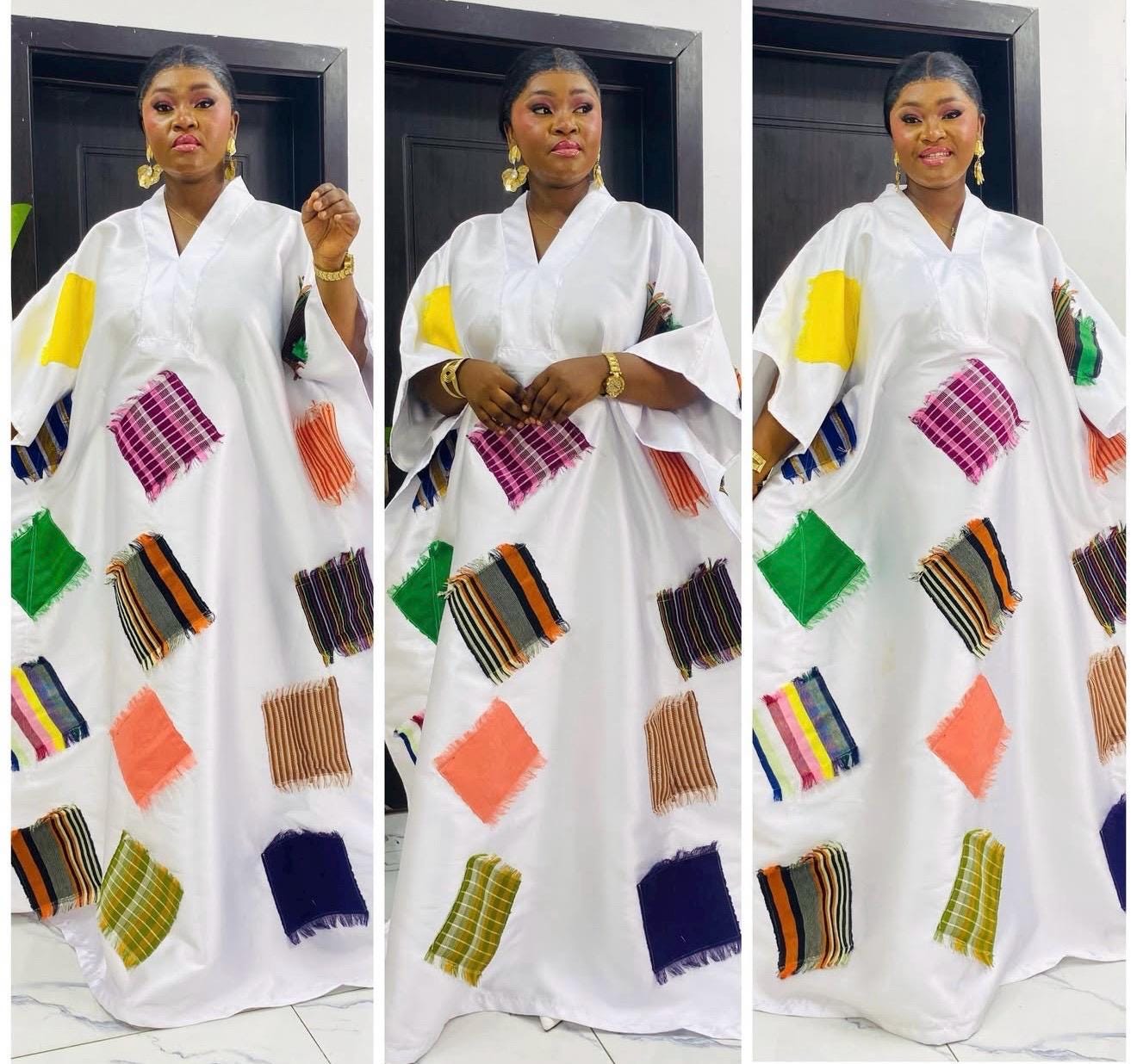 African Luxury Mikado Boubou with Aso-Oke Patchwork – One Size Fits All| White Dress