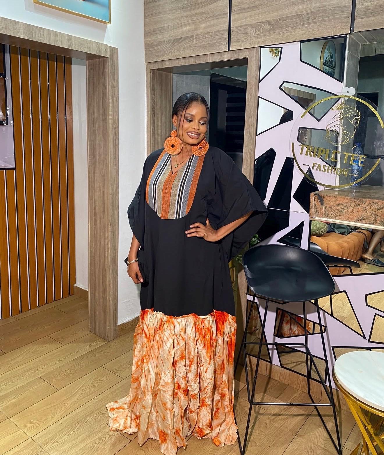Luxury Black Crepe Boubou Kaftan Dress with Aso Oke Neckline & Adire Crepe Hem | African Maxi Kaftan | Elegant Owambe Outfit
