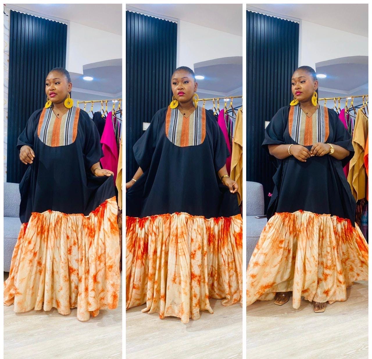 Luxury Black Crepe Boubou Kaftan Dress with Aso Oke Neckline & Adire Crepe Hem | African Maxi Kaftan | Elegant Owambe Outfit
