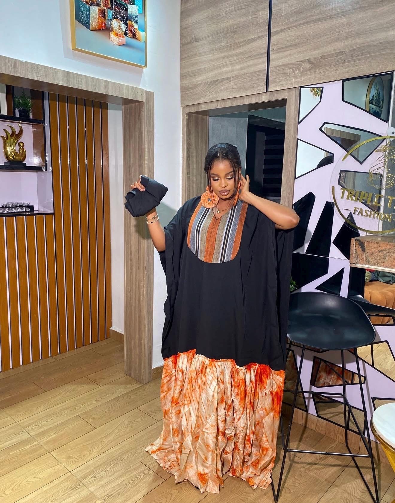 Luxury Black Crepe Boubou Kaftan Dress with Aso Oke Neckline & Adire Crepe Hem | African Maxi Kaftan | Elegant Owambe Outfit