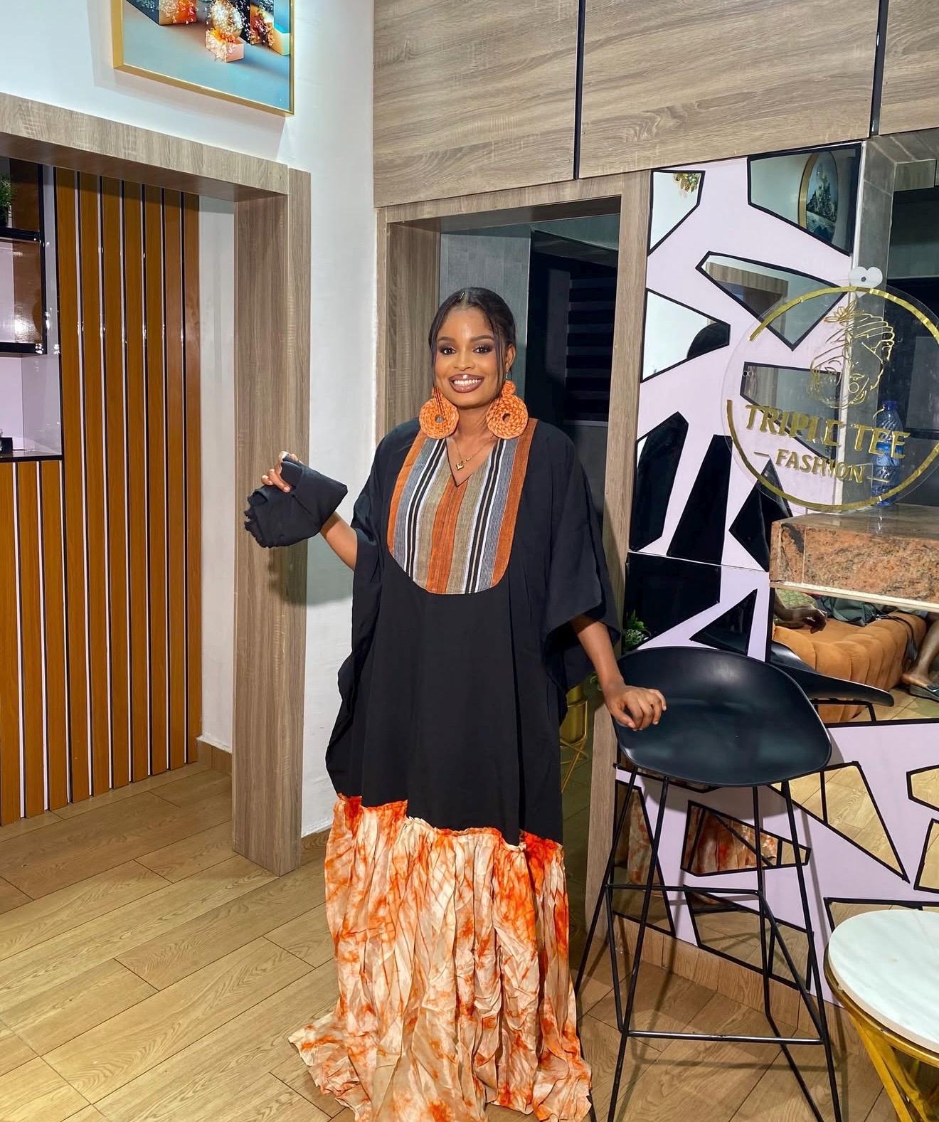 Luxury Black Crepe Boubou Kaftan Dress with Aso Oke Neckline & Adire Crepe Hem | African Maxi Kaftan | Elegant Owambe Outfit