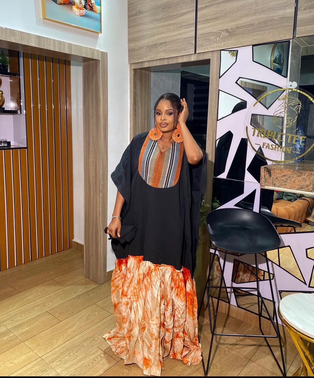 Luxury Black Crepe Boubou Kaftan Dress with Aso Oke Neckline & Adire Crepe Hem | African Maxi Kaftan | Elegant Owambe Outfit