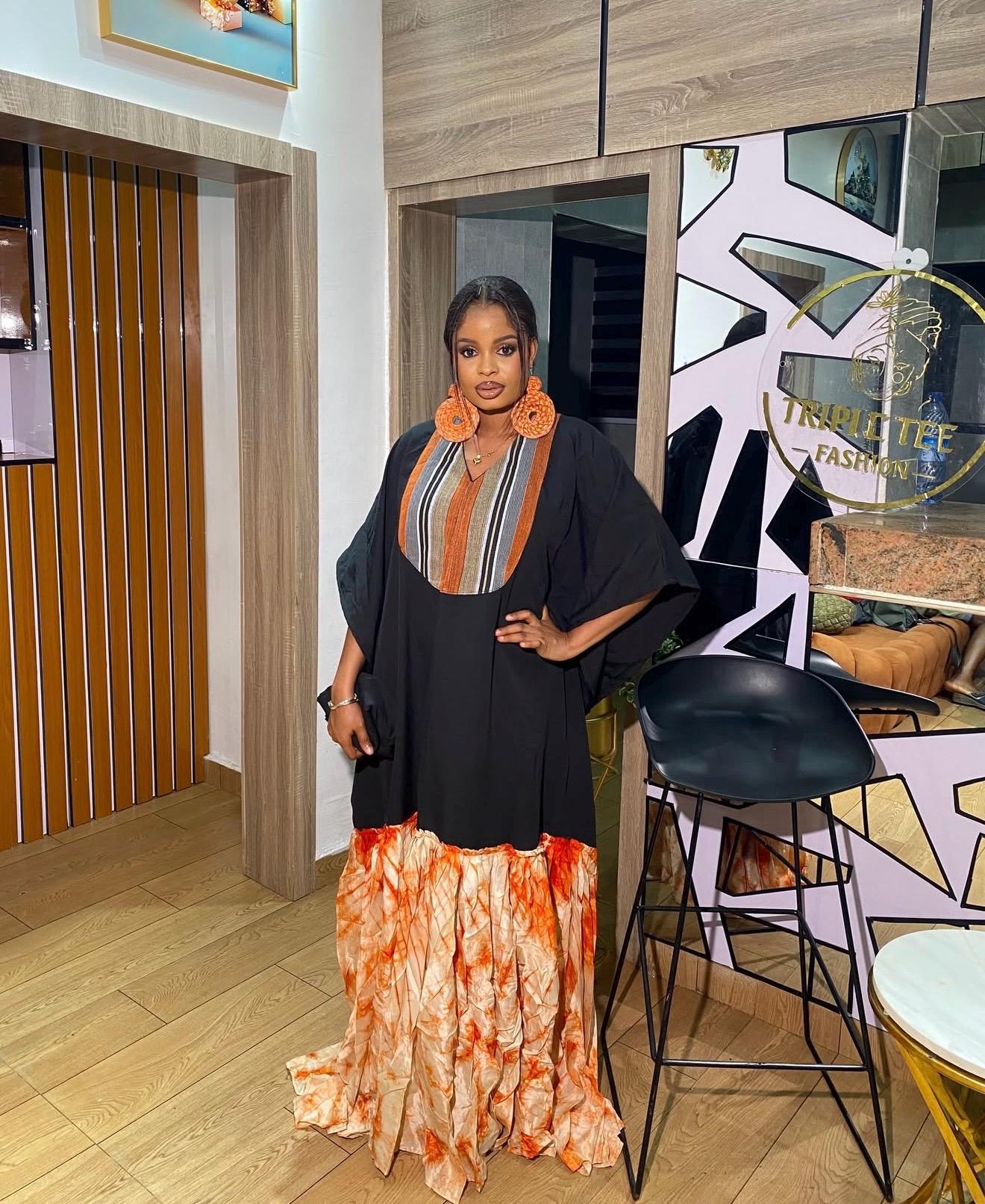 Luxury Black Crepe Boubou Kaftan Dress with Aso Oke Neckline & Adire Crepe Hem | African Maxi Kaftan | Elegant Owambe Outfit