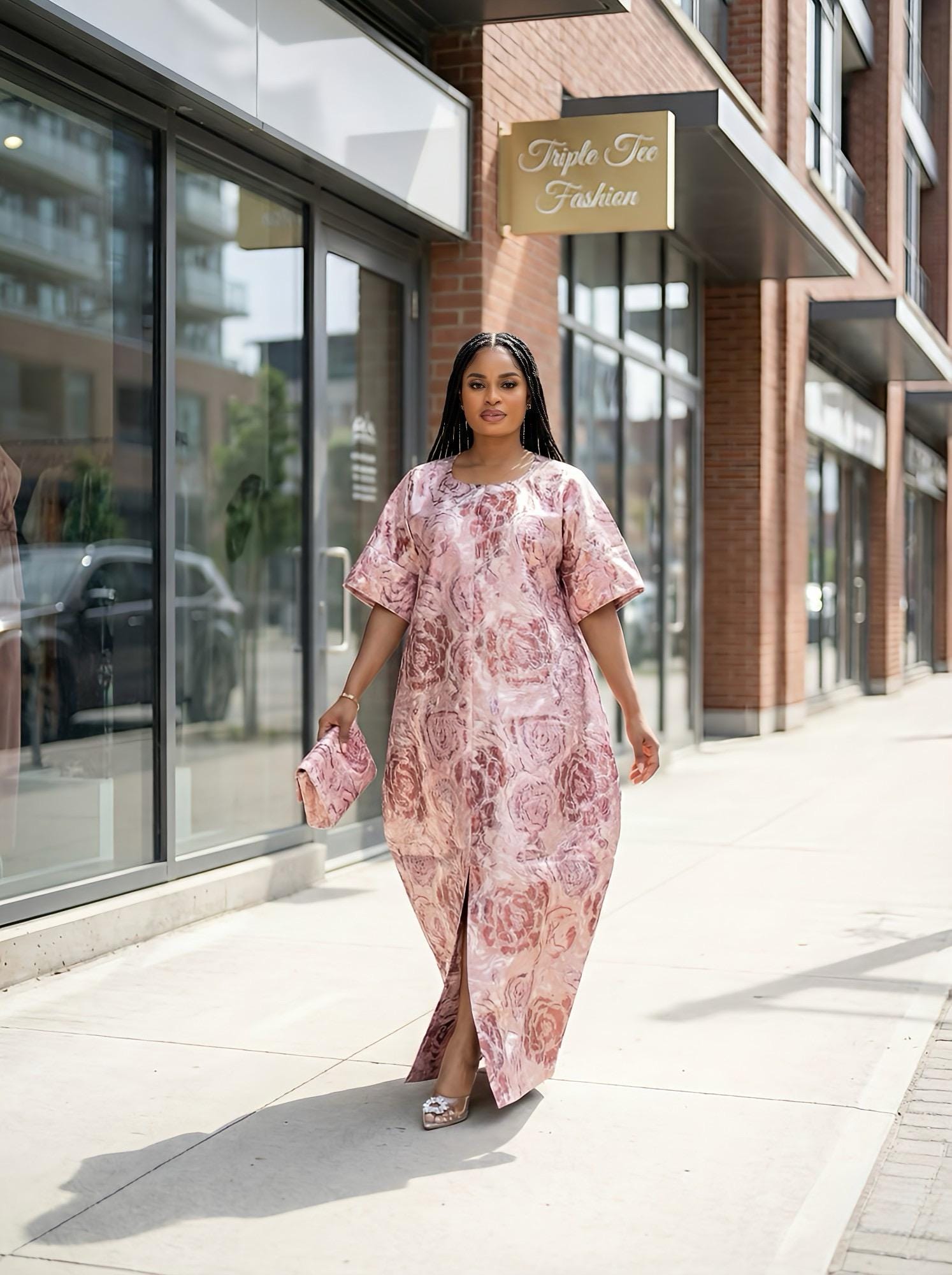 Floral Brocade Boubou Dress | Nigerian Kaftan with Matching Scarf