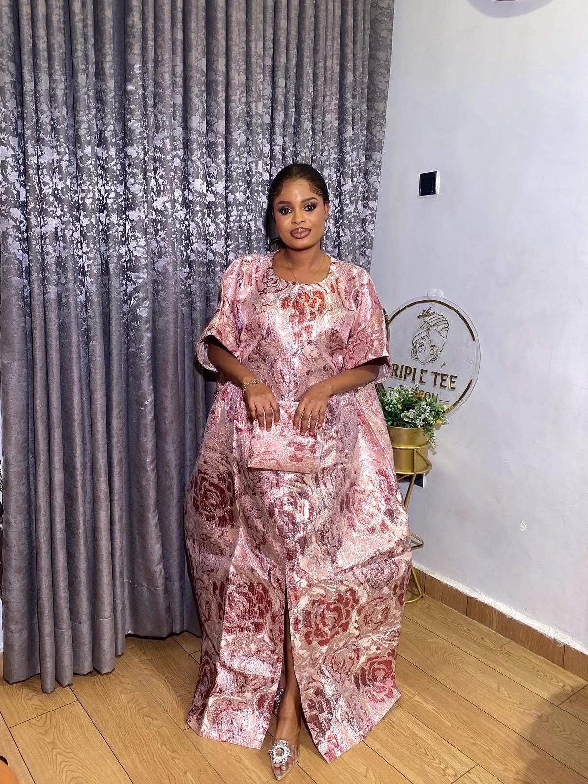 Floral Brocade Boubou Dress | Nigerian Kaftan with Matching Scarf