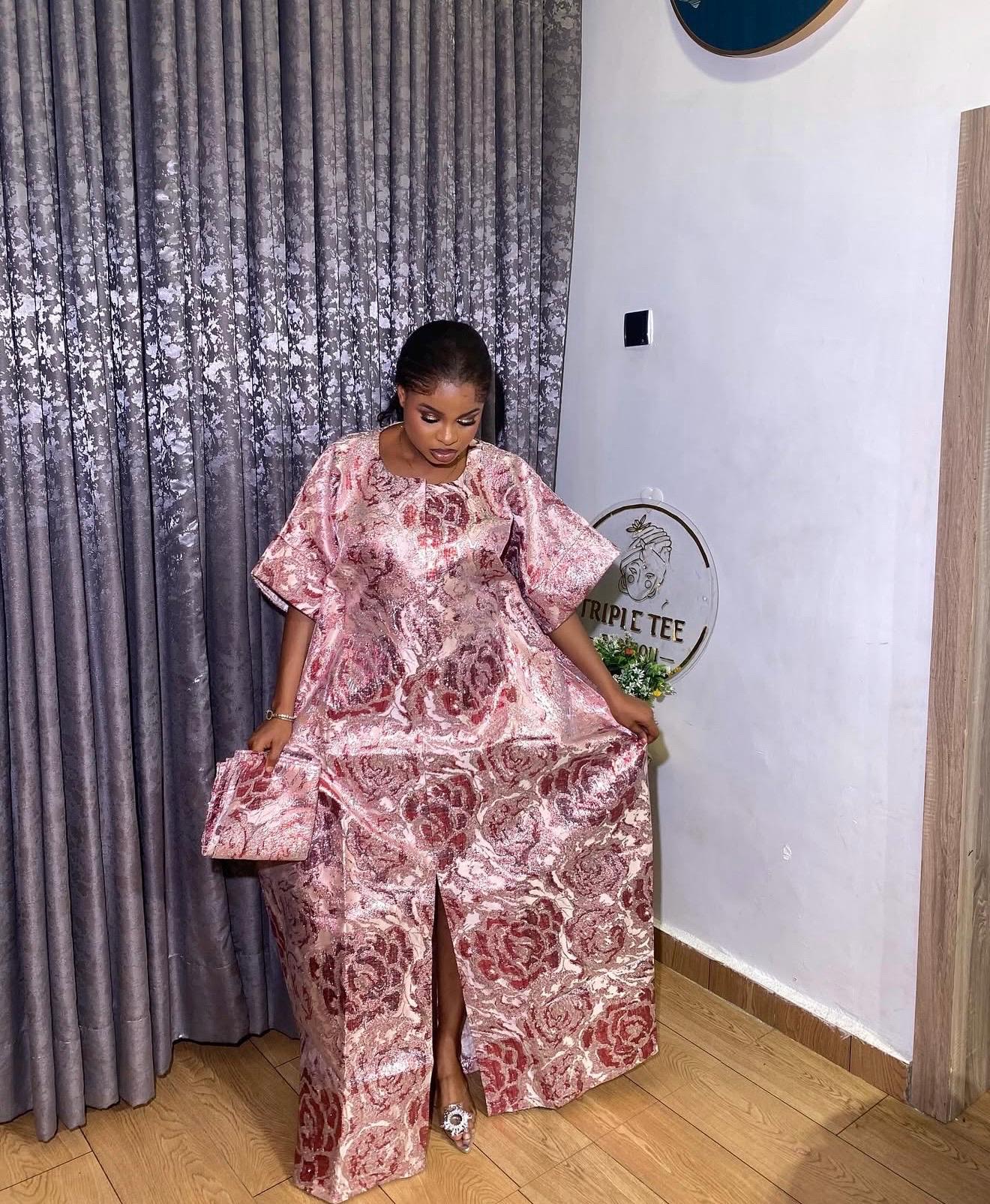 Floral Brocade Boubou Dress | Nigerian Kaftan with Matching Scarf