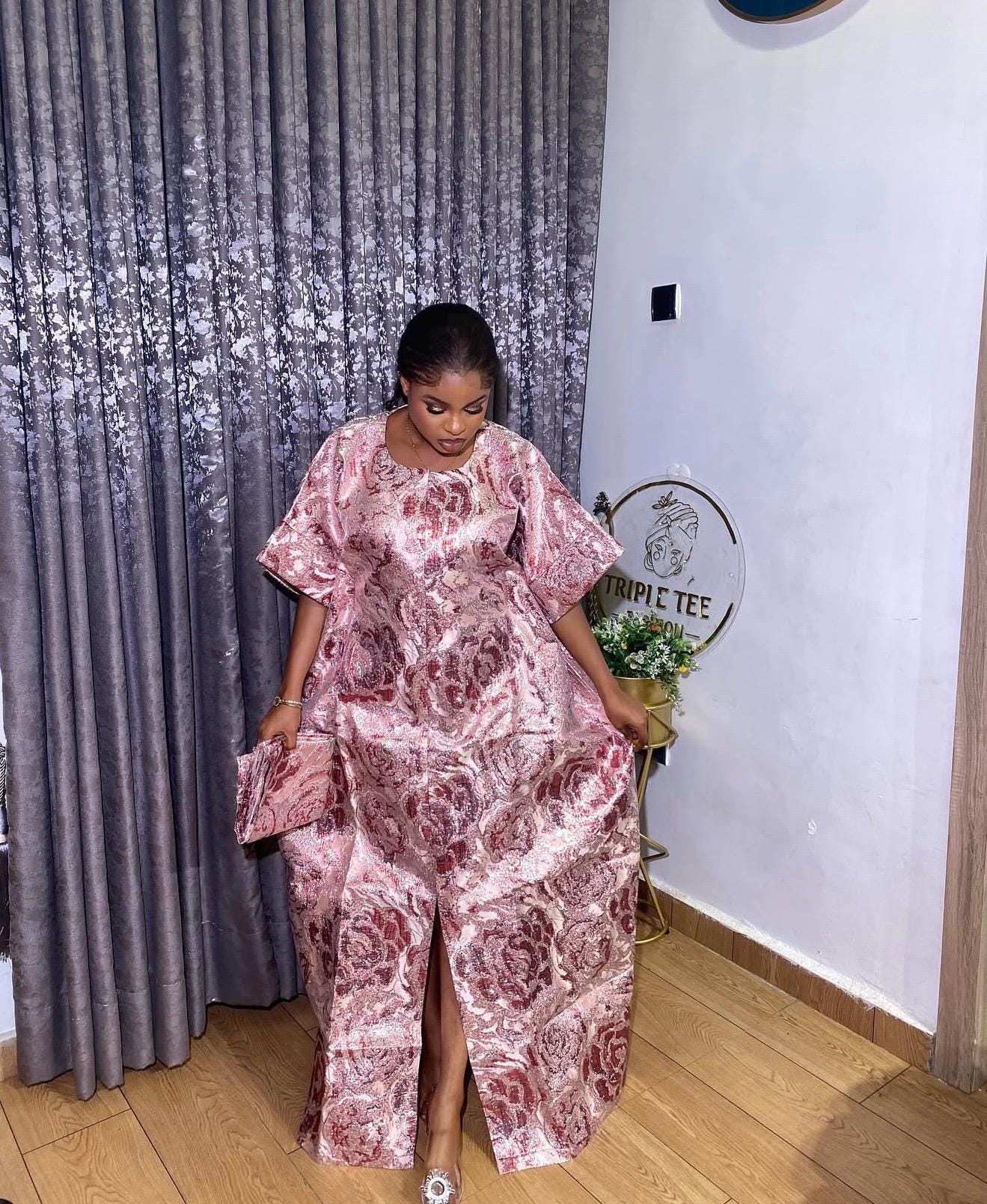 Floral Brocade Boubou Dress | Nigerian Kaftan with Matching Scarf