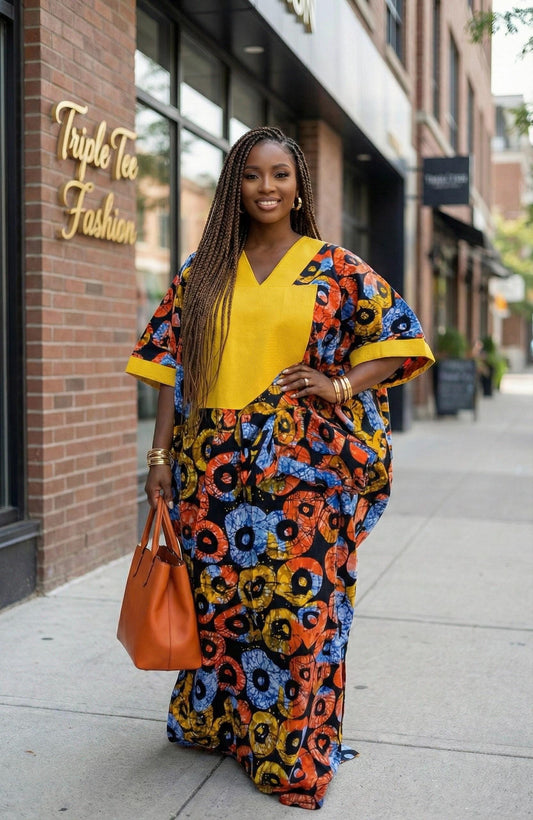 African Ankara Kaftan: Aso Oke Panel, Modest Boubou Dress
