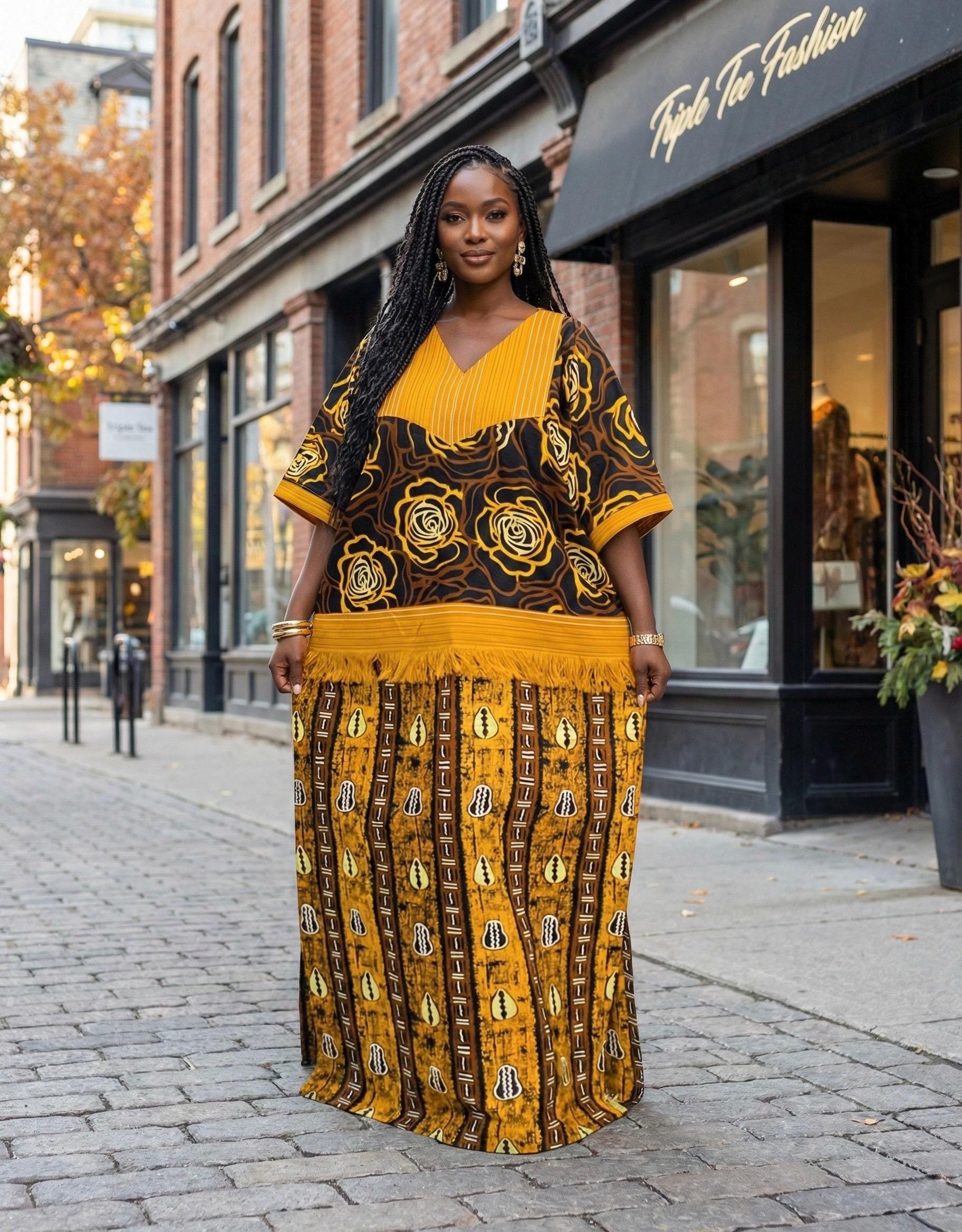 Handmade Ankara Kaftan | Nigerian Print Dress with Headtie