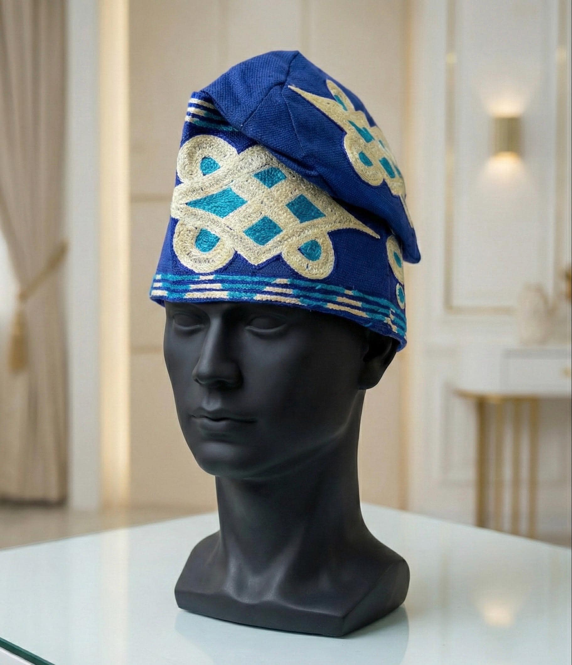 Embroidered Aso Oke Cap | Fila Ijebu, Nigerian Men's Hat (23 inches)
