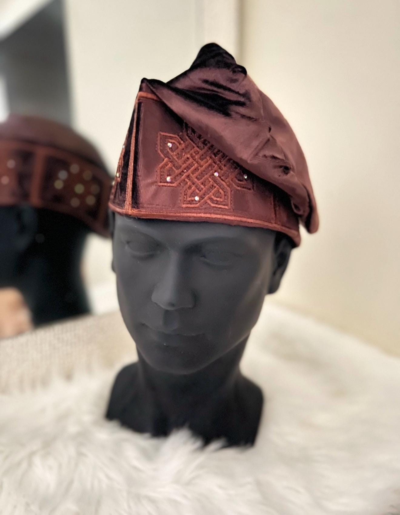 Embroidered Velvet Aso Oke Cap | Nigerian Fila Ijebu