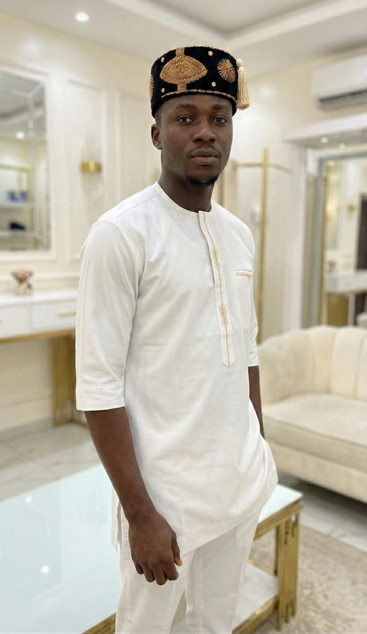 Handmade Velvet Beaded African Men's Cap | Nigerian Wedding