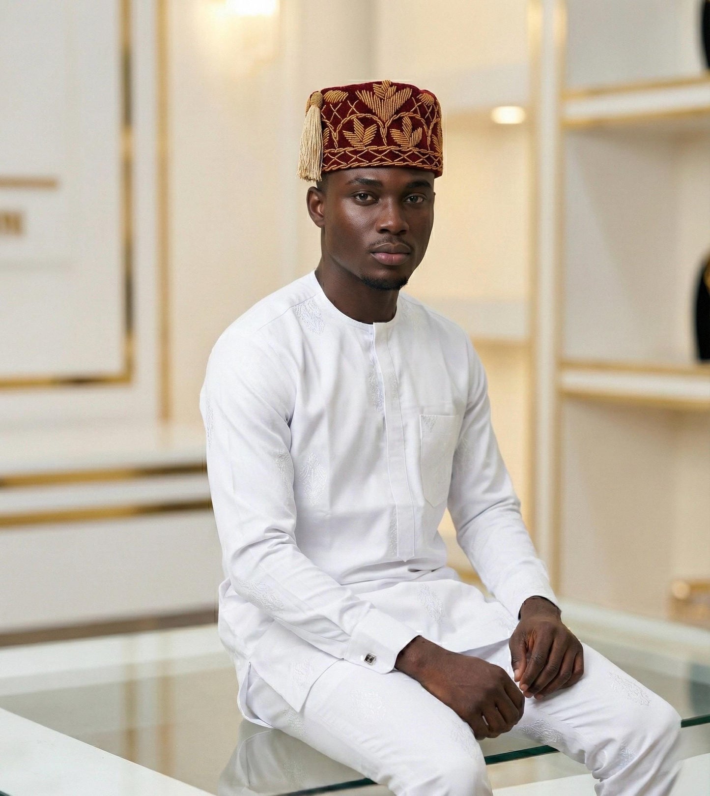 Handmade Velvet Beaded African Men's Cap | Nigerian Wedding