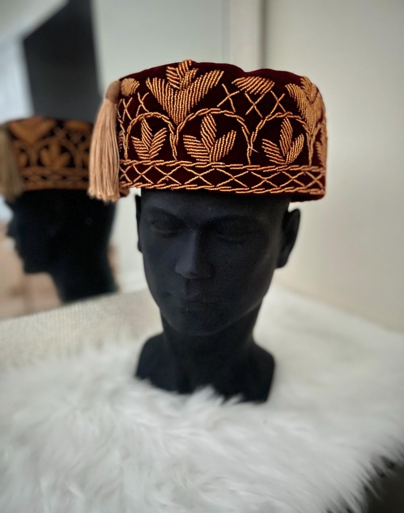 Handmade Velvet Beaded African Men's Cap | Nigerian Wedding