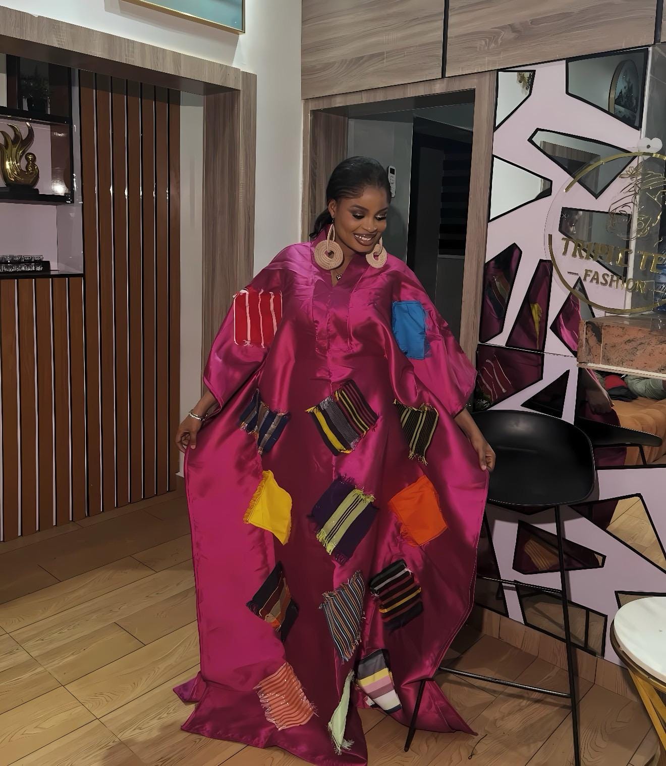 African Luxury Mikado Boubou with Aso-Oke Patchwork – One Size Fits All|Pink Dress