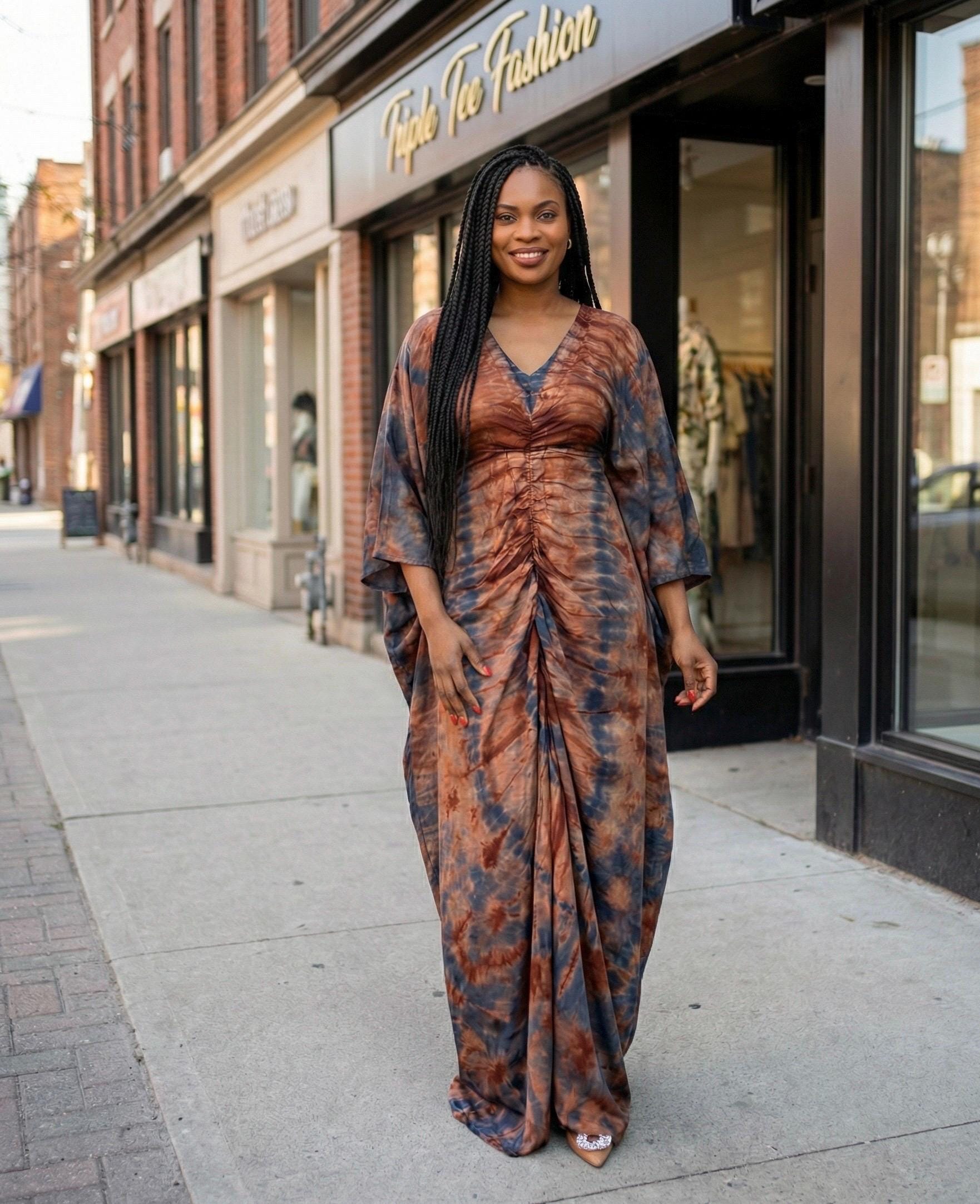 African Adire Silk Boubou Dress | Handmade Tie Dye Kaftan