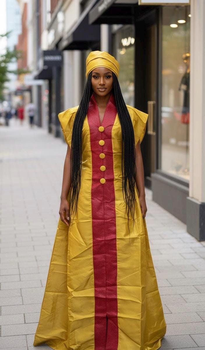 Yellow Mikado Silk Boubou | Aso Oke Trim, Nigerian Kaftan