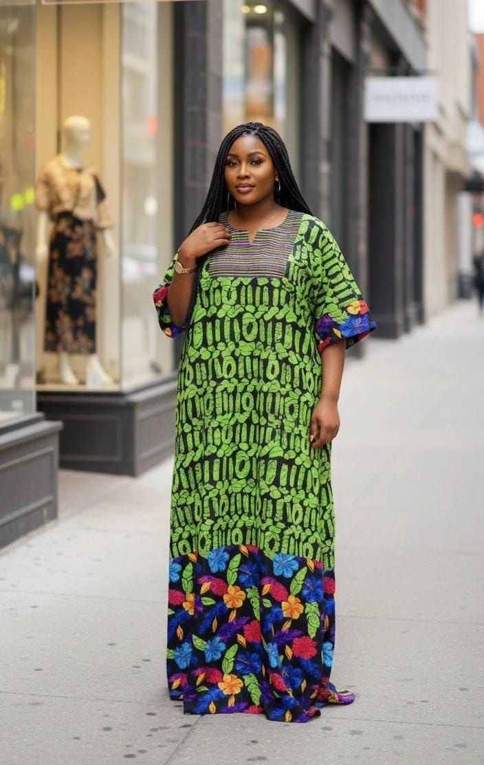 African Ankara Boubou Dress | Aso Oke Details, Modest Kaftan (Fits US 8-22)