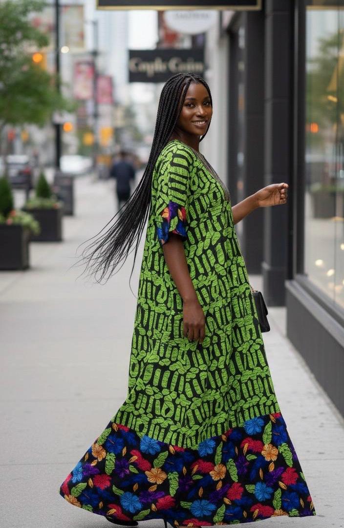 African Ankara Boubou Dress | Aso Oke Details, Modest Kaftan (Fits US 8-22)