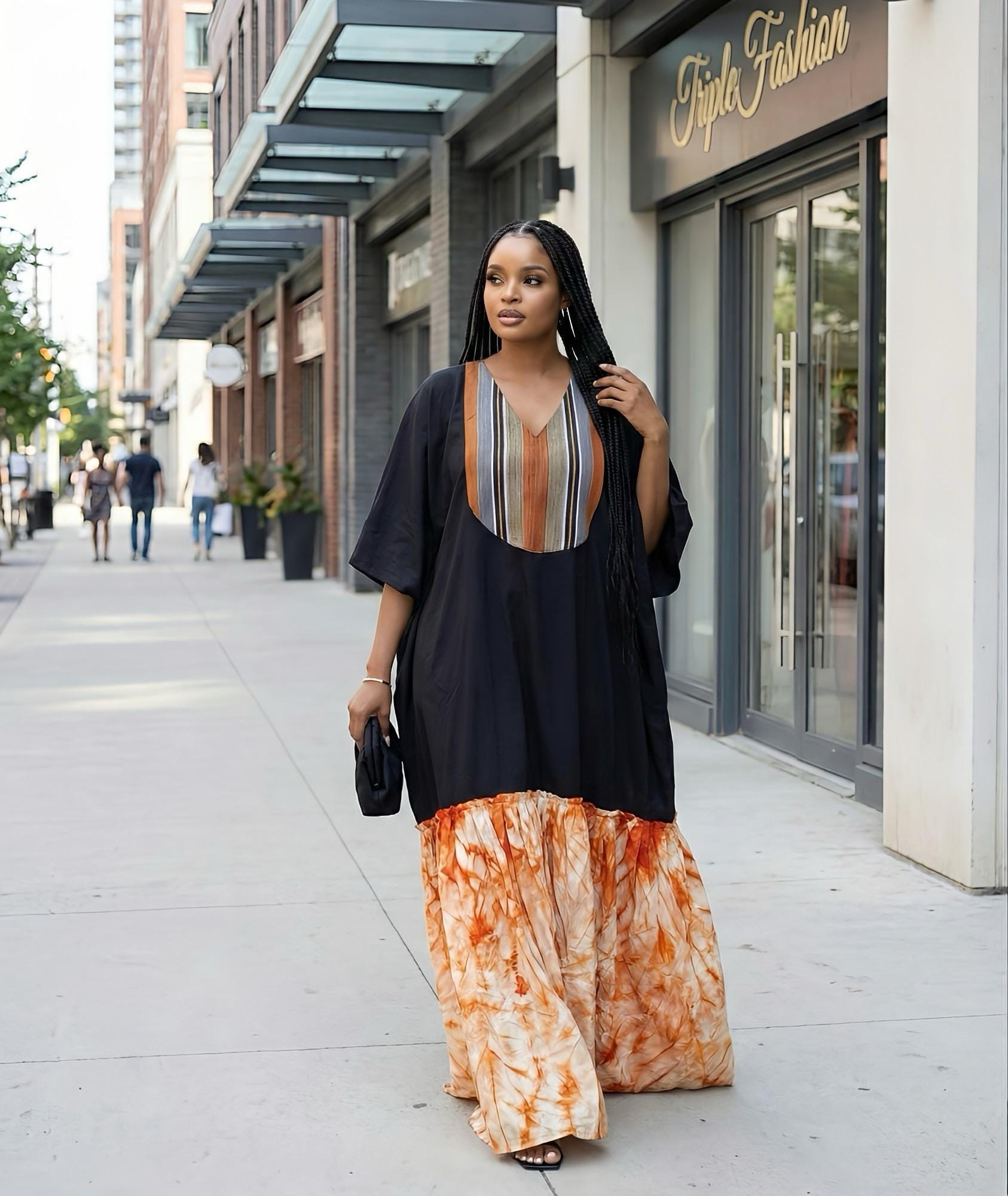 Luxury Black Crepe Boubou Kaftan Dress with Aso Oke Neckline & Adire Crepe Hem | African Maxi Kaftan | Elegant Owambe Outfit