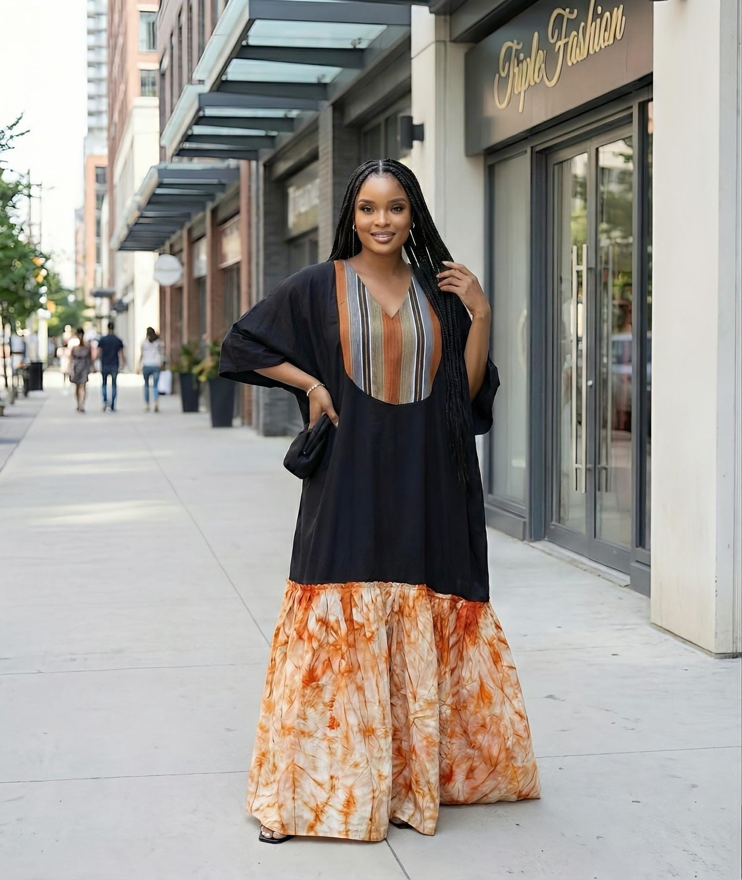 Luxury Black Crepe Boubou Kaftan Dress with Aso Oke Neckline & Adire Crepe Hem | African Maxi Kaftan | Elegant Owambe Outfit