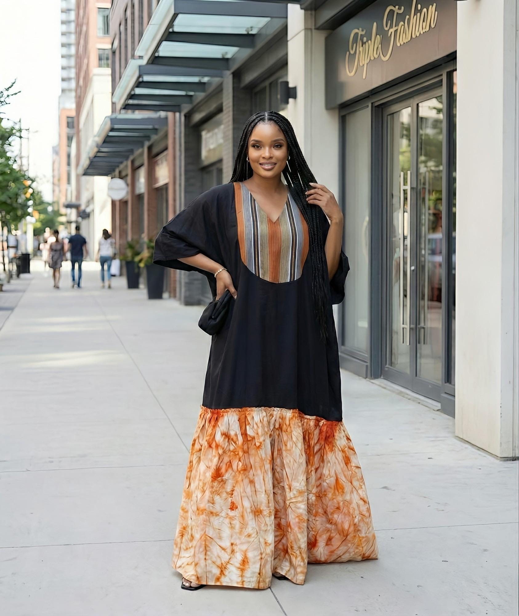 Luxury Black Crepe Boubou Kaftan Dress with Aso Oke Neckline & Adire Crepe Hem | African Maxi Kaftan | Elegant Owambe Outfit