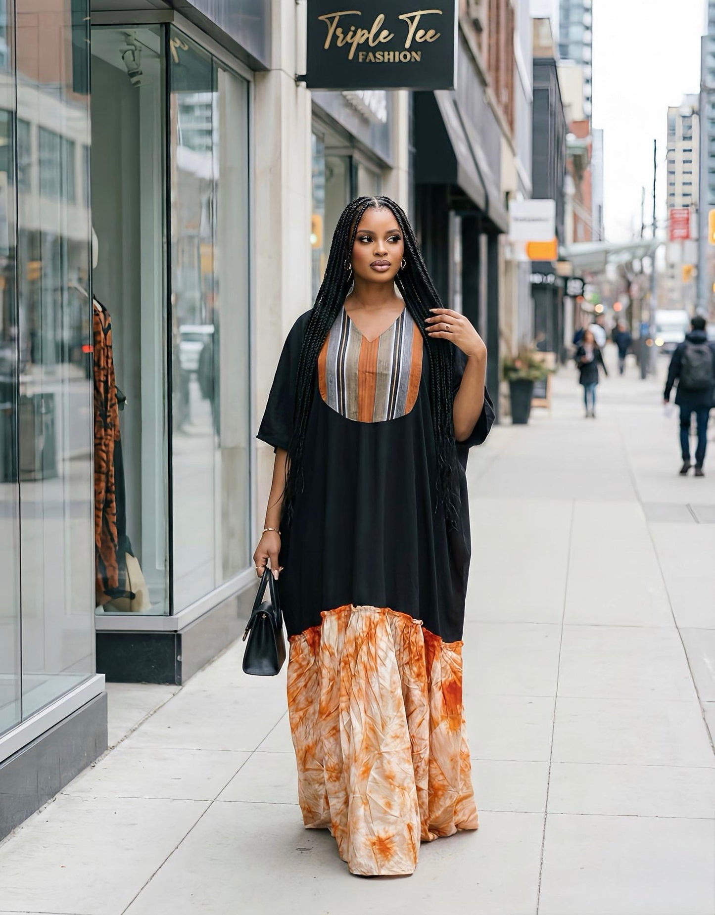 Luxury Black Crepe Boubou Kaftan Dress with Aso Oke Neckline & Adire Crepe Hem | African Maxi Kaftan | Elegant Owambe Outfit