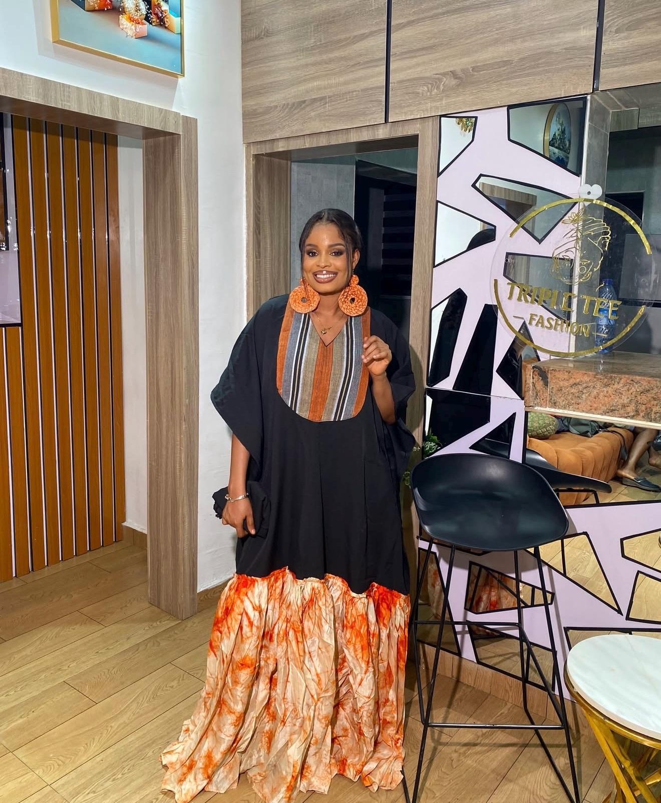 Luxury Black Crepe Boubou Kaftan Dress with Aso Oke Neckline & Adire Crepe Hem | African Maxi Kaftan | Elegant Owambe Outfit