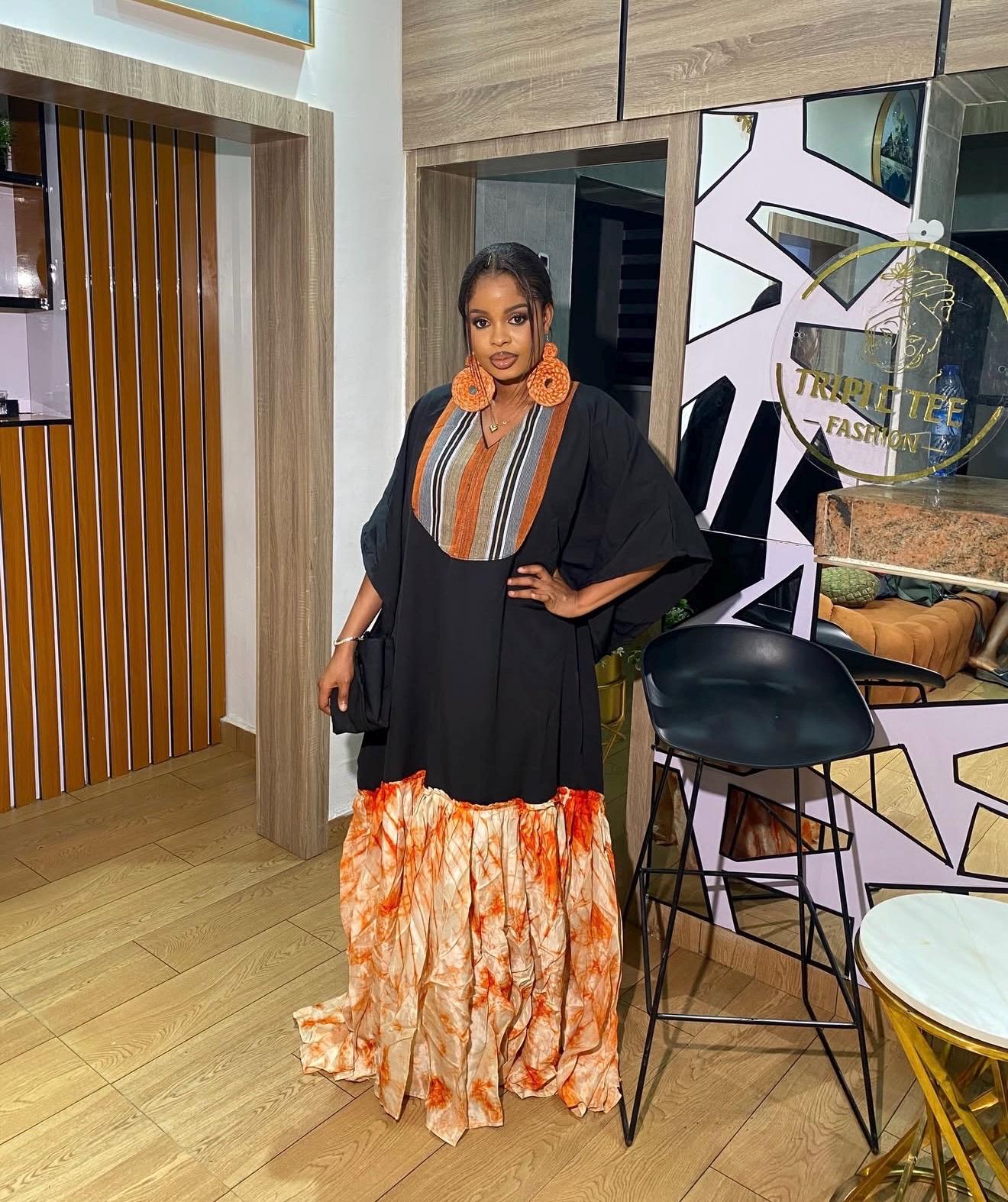 Luxury Black Crepe Boubou Kaftan Dress with Aso Oke Neckline & Adire Crepe Hem | African Maxi Kaftan | Elegant Owambe Outfit