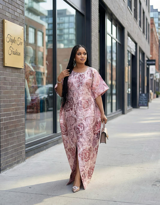 Floral Brocade Boubou Dress | Nigerian Kaftan with Matching Scarf