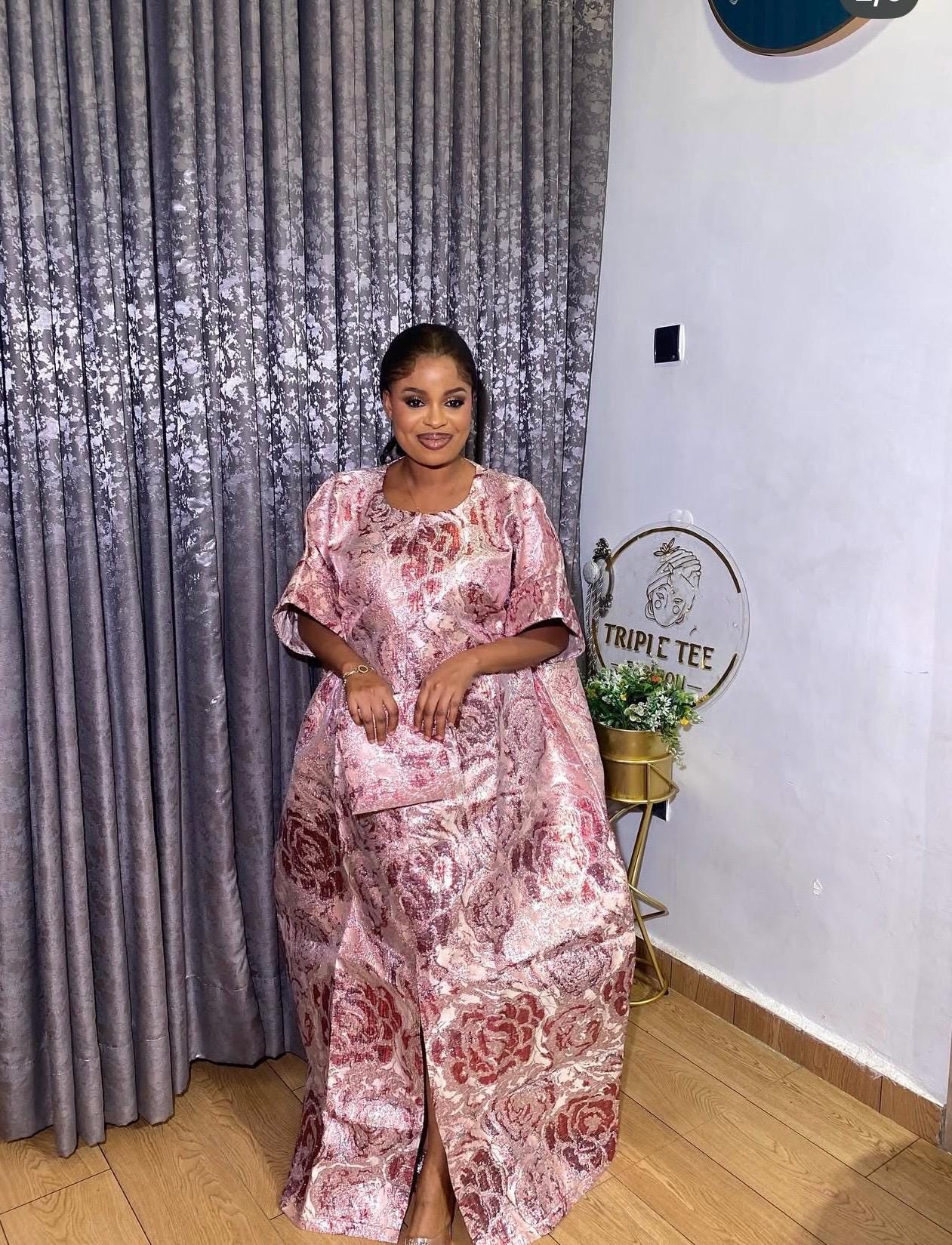 Floral Brocade Boubou Dress | Nigerian Kaftan with Matching Scarf