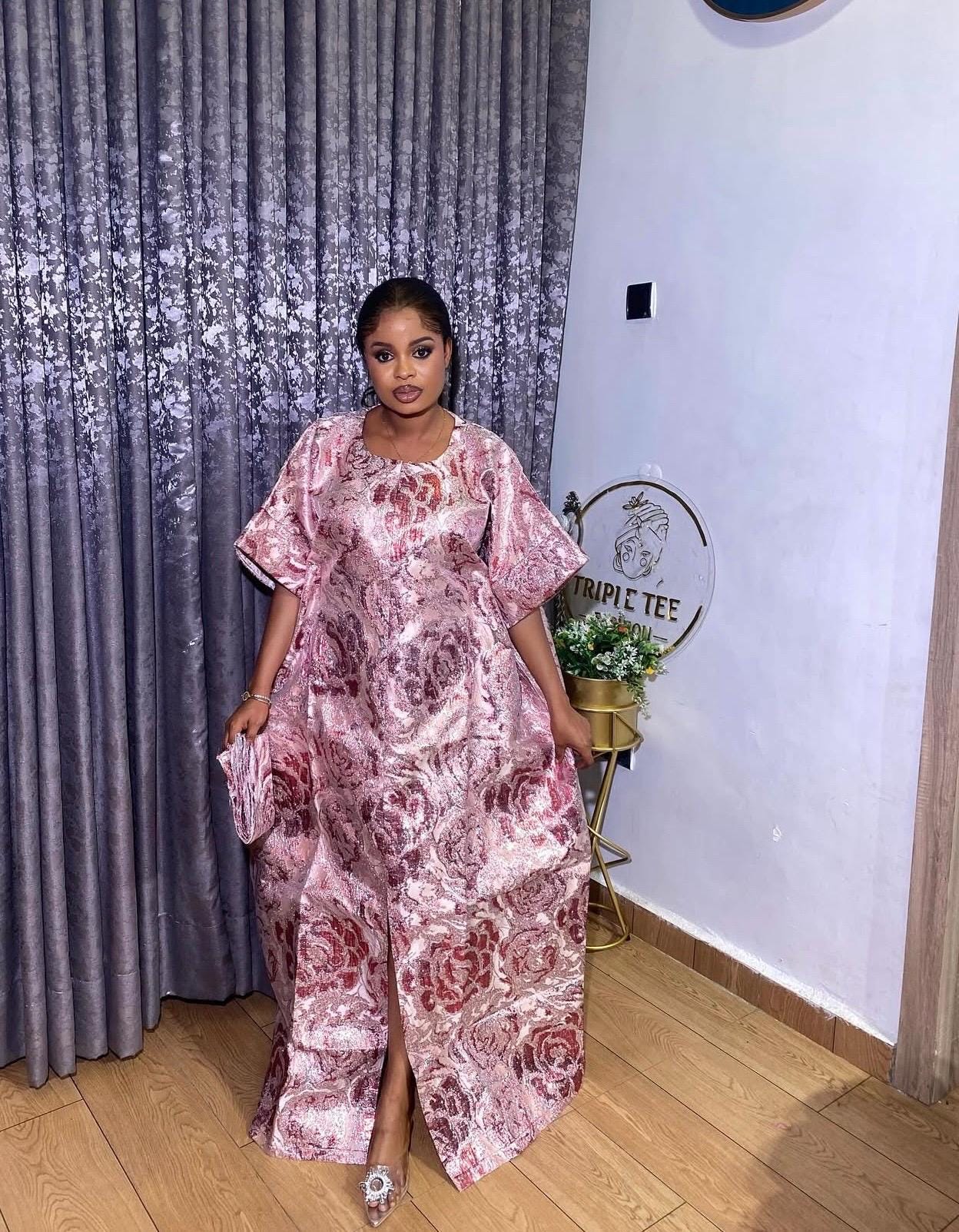 Floral Brocade Boubou Dress | Nigerian Kaftan with Matching Scarf