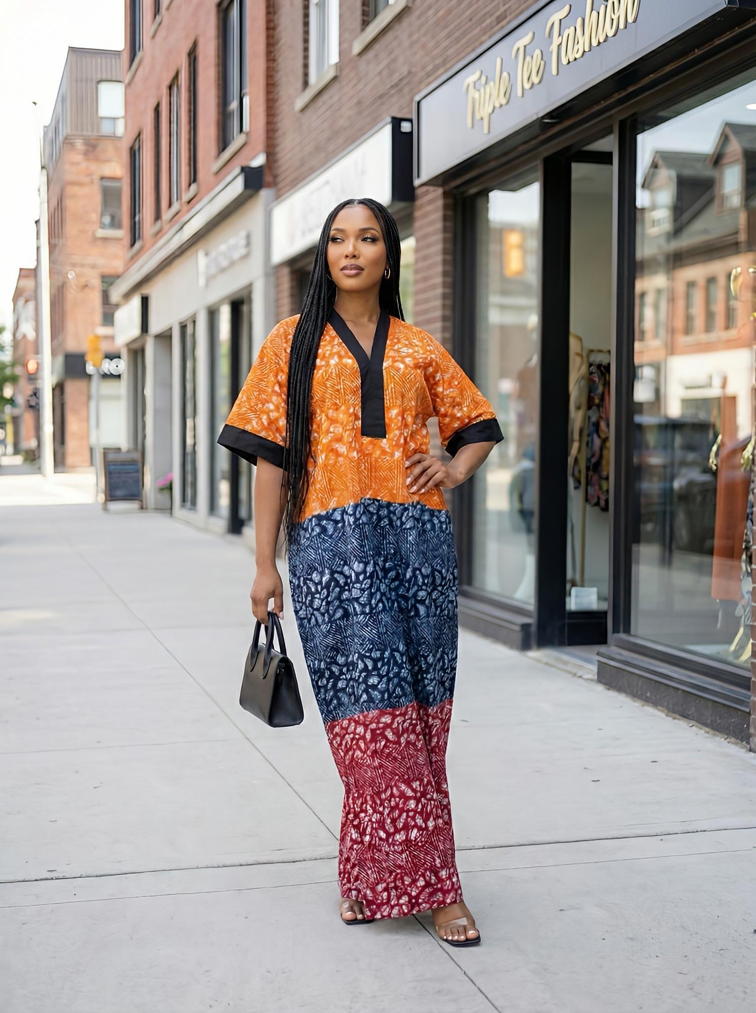 Handmade Ankara Kaftan | Nigerian Print Dress with Headband