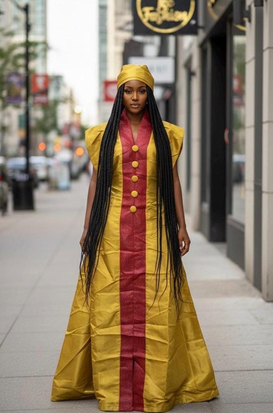 Yellow Mikado Silk Boubou | Aso Oke Trim, Nigerian Kaftan