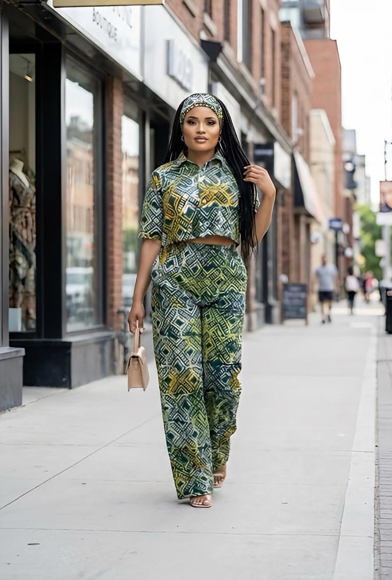 Authentic Adire 2 Piece Set with Scarf – African Adire Crepe Crop Top and Pants – African Clothing for Women – Afrocentric Outfit – Gift for