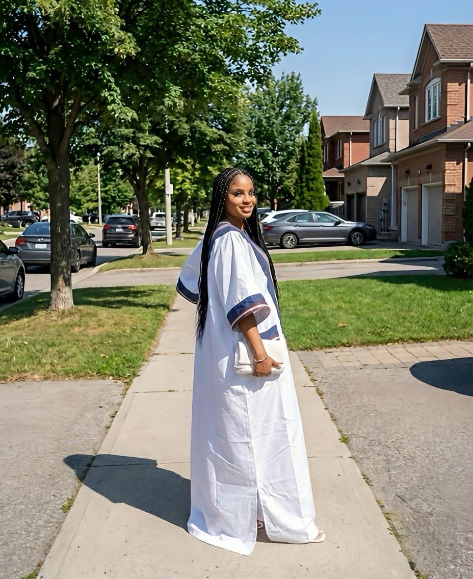 White Mikado Boubou Kaftan with Aso Oke Detail | Nigerian Party Dress