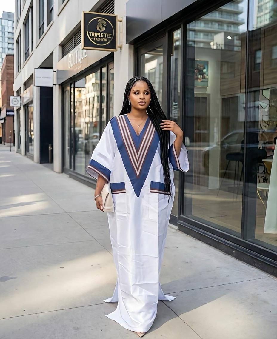 White Mikado Boubou Kaftan with Aso Oke Detail | Nigerian Party Dress