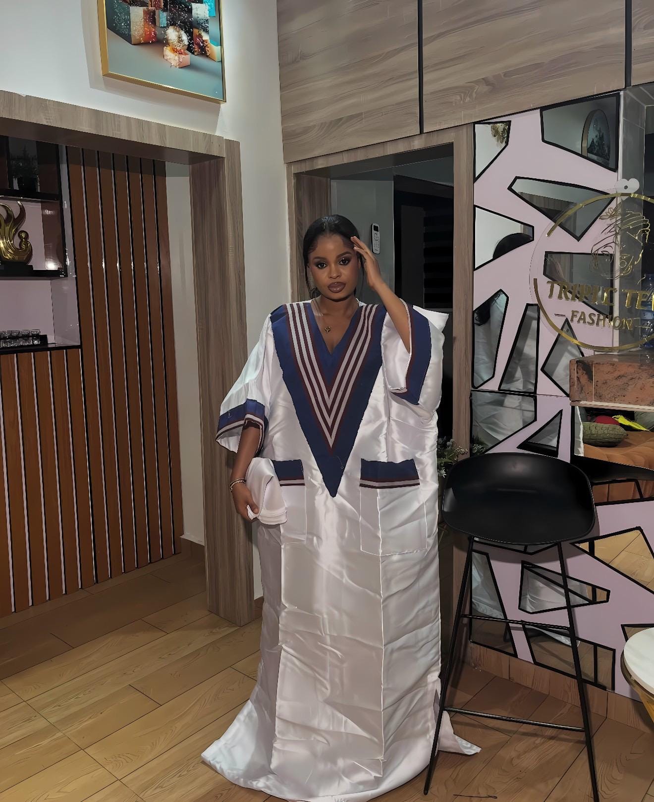 White Mikado Boubou Kaftan with Aso Oke Detail | Nigerian Party Dress