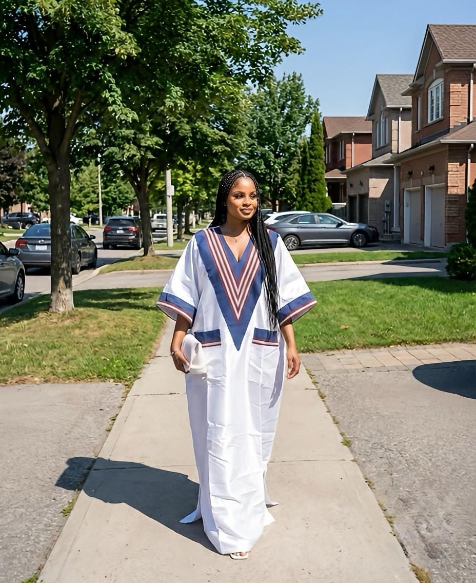 White Mikado Boubou Kaftan with Aso Oke Detail | Nigerian Party Dress