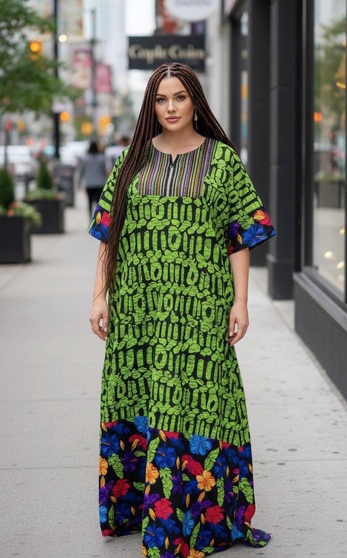 African Ankara Boubou Dress | Aso Oke Details, Modest Kaftan (Fits US 8-22)