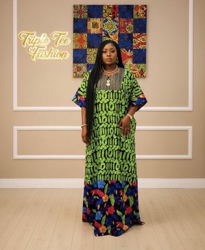 African Ankara Boubou Dress | Aso Oke Details, Modest Kaftan (Fits US 8-22)