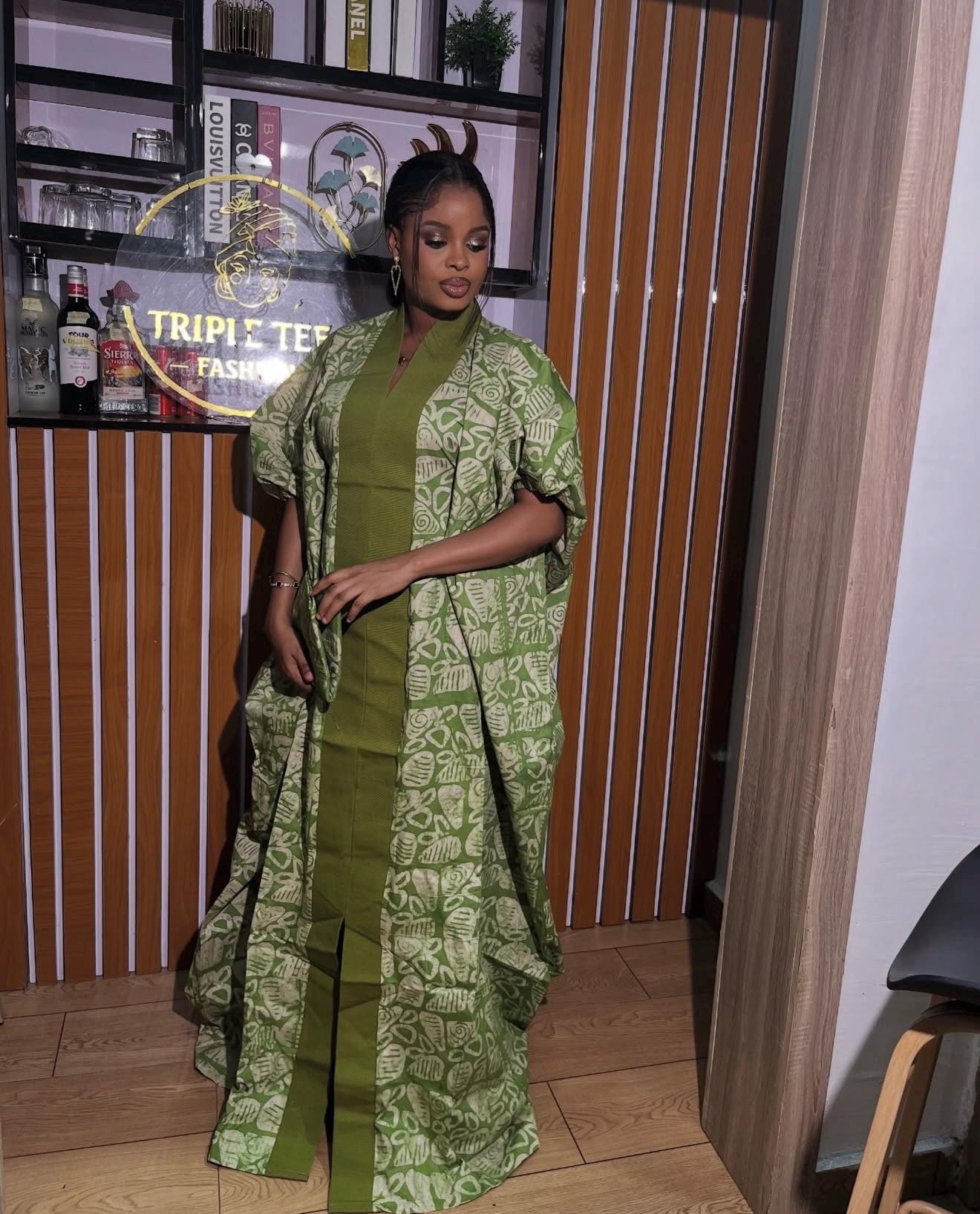 Handmade Adire Cotton Brocade Boubou | Nigerian Kaftan Dress