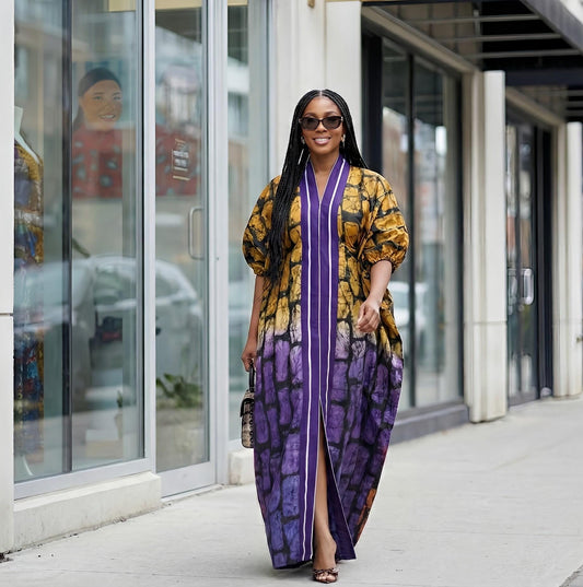 Handmade African Adire Batik Boubou Dress | Nigerian Kaftan with Belt