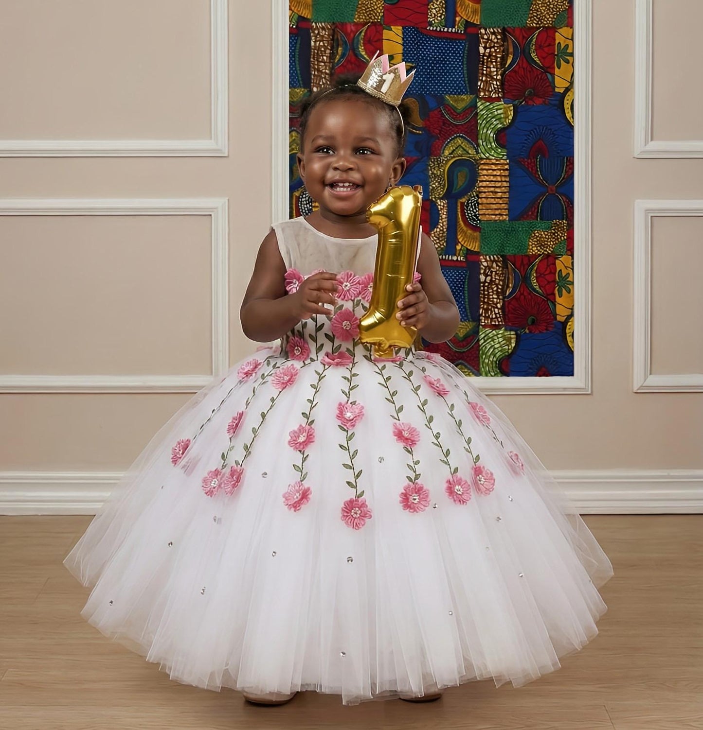 Princess Baby Girl Birthday Ballgown. Satin & Lace, One year old photoshoot