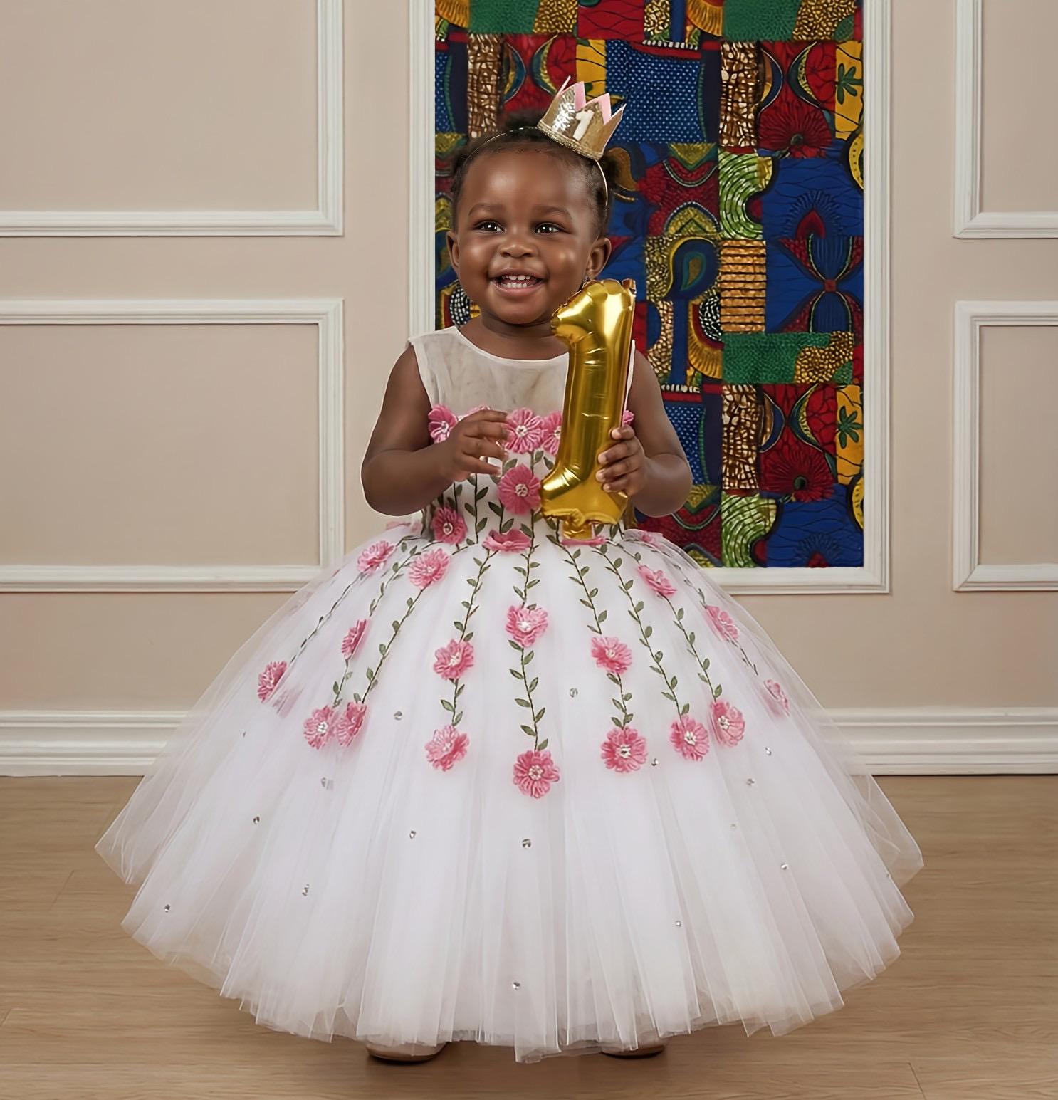 Princess Baby Girl Birthday Ballgown. Satin & Lace, One year old photoshoot