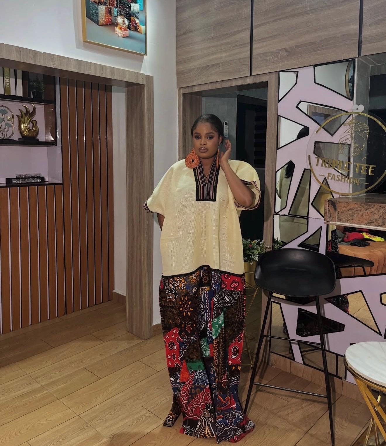 African Boubou Dress | Scuba Net Kaftan with Ankara Patchwork | Free Size Maxi Boubou | One Size Fits 2–20 | Luxury African Wear