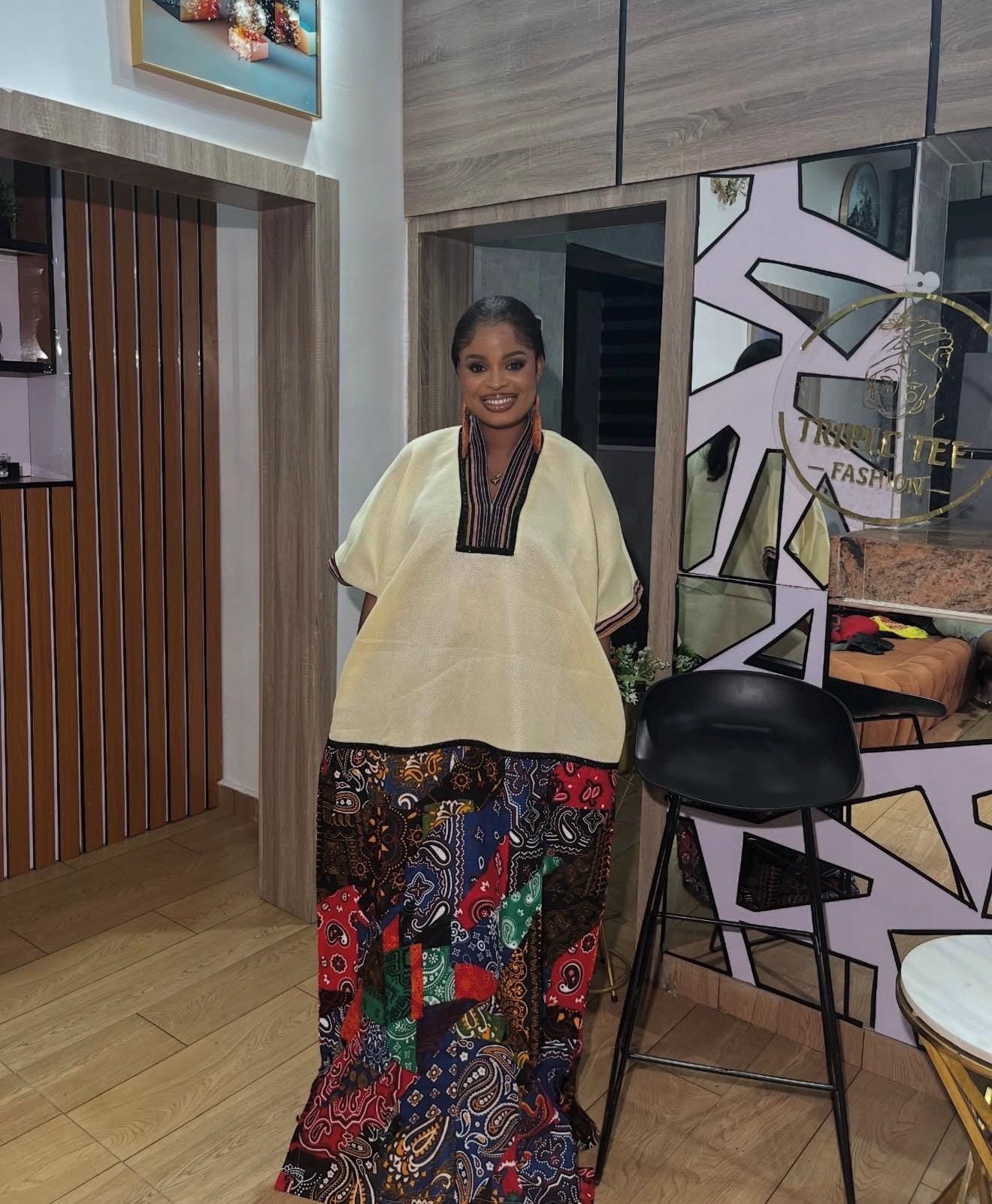 African Boubou Dress | Scuba Net Kaftan with Ankara Patchwork | Free Size Maxi Boubou | One Size Fits 2–20 | Luxury African Wear